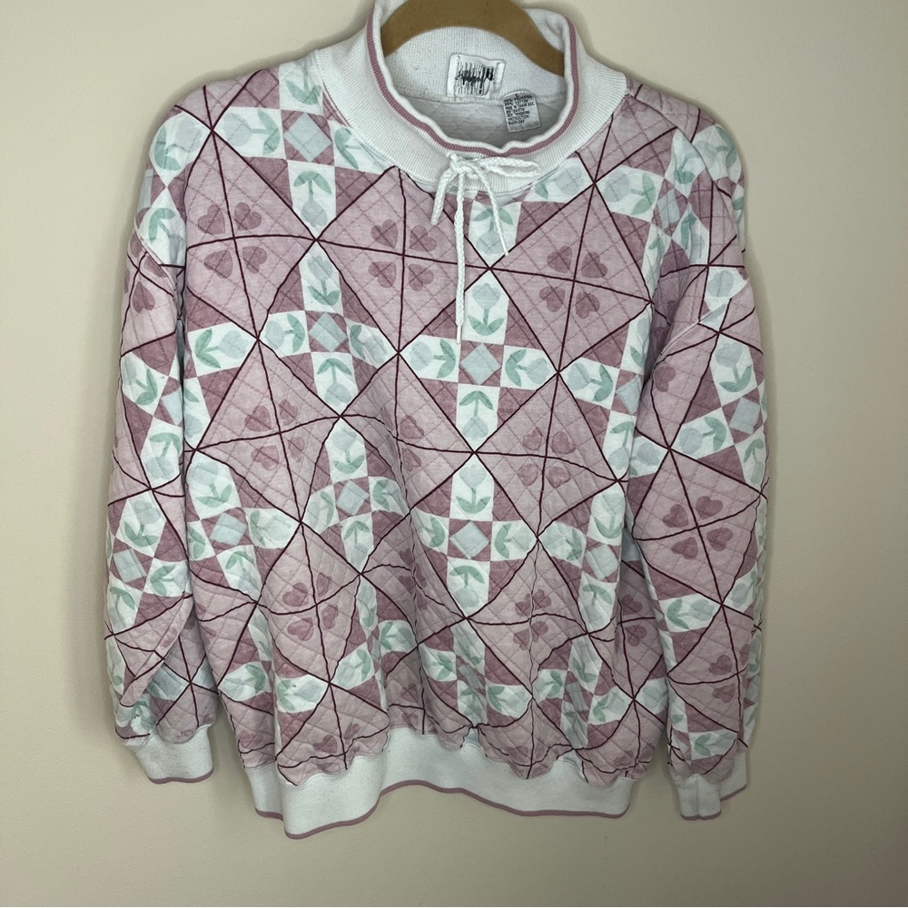 Vintage Jason Maxwell Women's Large Pink White Quilted Sweater Turtleneck